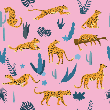 Seamless pattern with leopards in different poses with tropical leaves, plants, mammal, predator, jungle. Trend Style, Vector, Illustration, Isolatedのイラスト素材