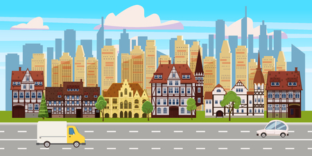 Cityscape, panorama horizontal view, old buildings architecture, skyscrapers modern buildings silhouettes in the background, road highway cars. Vector, illustration, cartoon, isolatedのイラスト素材
