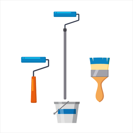 Set of artist tools for painting walls, home repair icons. Brush roller, roller on a long handle, a bucket of paint. Vector illustration isolated cartoon styleのイラスト素材