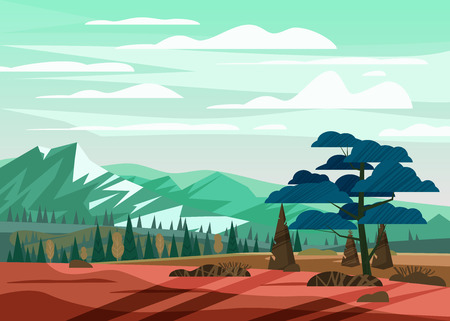 Beautiful summer mountain landscape valley rural countryside, green hills, bright color blue sky, meadows with mountainsのイラスト素材
