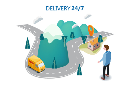 Delivery service concept, truck, van landscape mountaince roadのイラスト素材