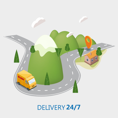 Delivery service concept, truck, van landscape mountaince roadのイラスト素材