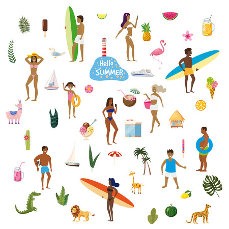 Set Summer vacation. A lot of people at beach or seashore relaxing and performing summer outdoor activities at beachのイラスト素材