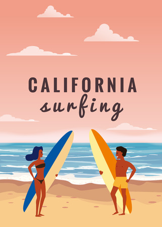 Surfers man and woman on the beach, coast, palm treesのイラスト素材