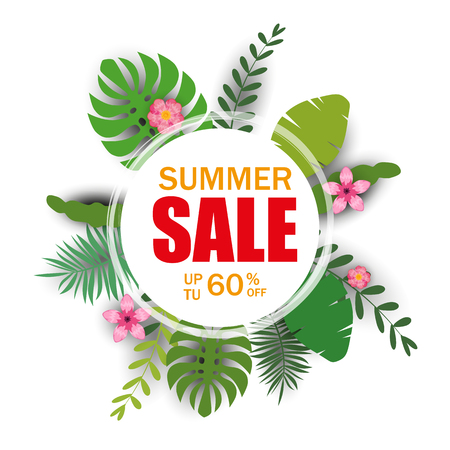 Summer sale template banner, poster with palm leaves, jungle leafのイラスト素材