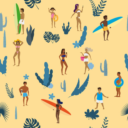 Summertime seamless pattern. People having fun on the beach, relaxing and performing summer outdoor activities at beachのイラスト素材