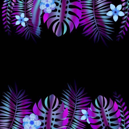 Summer advertising template promotional sale floral banner with trend holographic tropical plant leaves backgroundのイラスト素材