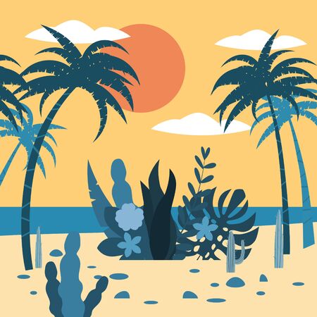 Landscape sunset tropics exotic flora plants, palm trees, leaves, cactiのイラスト素材