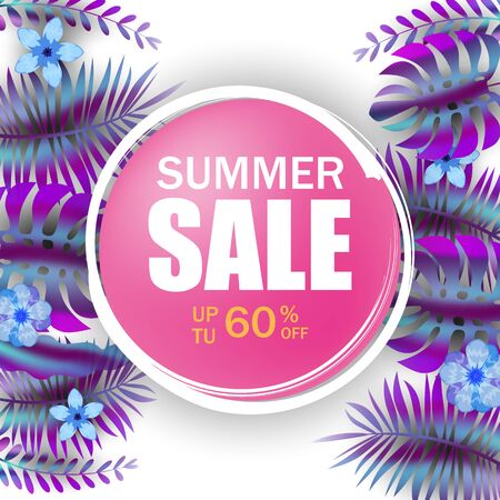 Summer advertising template promotional sale floral banner with trend holographic tropical plant leaves backgroundのイラスト素材