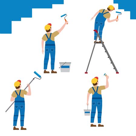 Set Painter proffessional characters man at work. Male painters in uniform applying paint to wallのイラスト素材