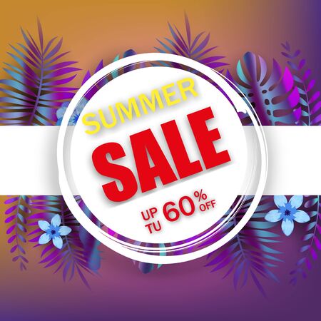 Summer sale banner template advertising promotional sale floral banner with trend holographic tropical plant leaves backgroundのイラスト素材