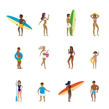 Set of people relaxing performing summer outdoor activities at beachのイラスト素材