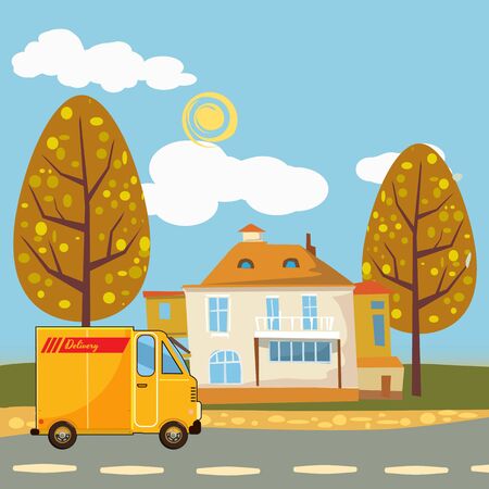 Shop, delivery, cargo bus, landscape, Cartoon, Banner, vector illustrationのイラスト素材