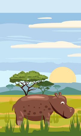 Hippo on the background of the African landscape, savanna, Cartoon styleのイラスト素材