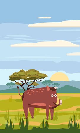 Wild boar on the background of the African landscape, savanna, Cartoon style, vector illustrationのイラスト素材