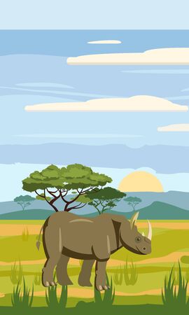 Rhinoceros on the background of the African landscape, savanna, Cartoon style, vector illustrationのイラスト素材