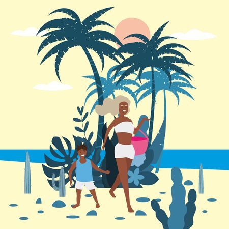 Mother with child boy in bikini with beach bag on background of exotic plants of palm seaのイラスト素材