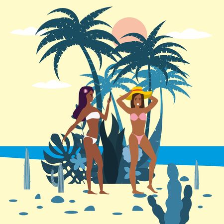 Womens characters with smartphone in bikini and hat on background of exotic plants of palm sea, ocean, beach. Trend modern flat cartoon, vector, isolated, posterのイラスト素材