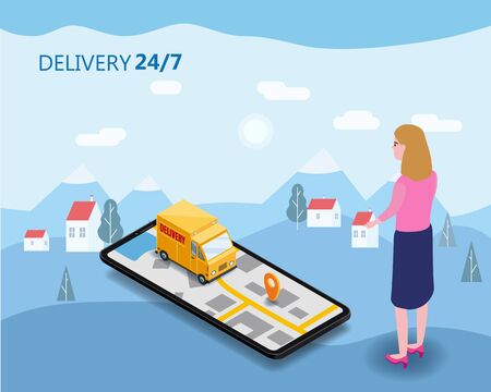 Online Delivery Concept and Shopping Online. Smartphone with buyer woman moped, truck, drone, buyer, 3d vector isometric digital marketing illustration landing template Mobile Application. Concept Marketing. Vector, web banner, isolatedのイラスト素材