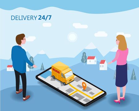 Online Delivery Concept and Shopping Online. Smartphone with buyer man woman moped, truck, drone, buyer, 3d vector isometric digital marketing illustration landing template Mobile Application. Concept Marketing. Vector, web banner, isolatedのイラスト素材