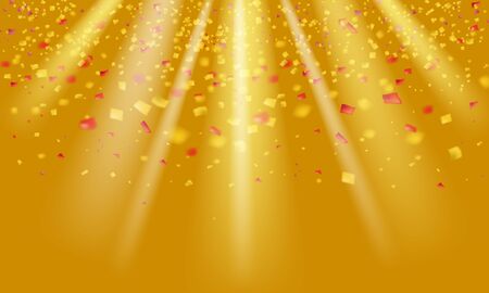 Gold glitter realistic confetti and tinsel flying on yellow holiday vector graphic designのイラスト素材