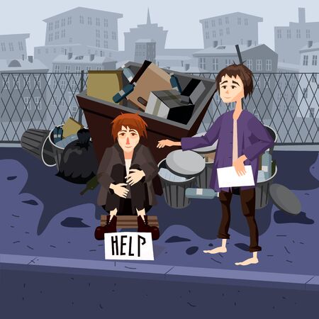 Homeless sad poor person young children kids beggars wearing dirty clothes characterのイラスト素材