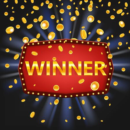 Winner frame label banner template. Win congratulations vintage frame with glowing lamps, golden congratulating framed sign with falling gold coins confetti ribbons. Winners lottery game jackpot prize poker, cards, roulette and lottery. Vector background illustrationのイラスト素材