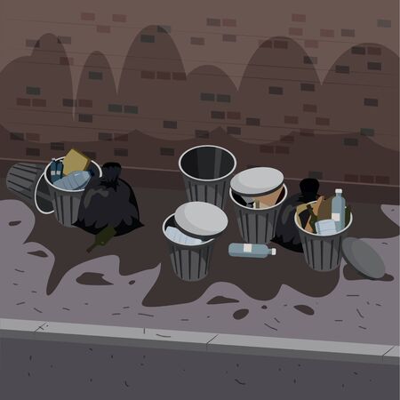 Metal garbage containers with unsorted trash disposed on the street exterior. Rubbish and trash bags lying around dump. Scene with pile of waste that smells ugly and started to decompose. Vector isolated on whiteのイラスト素材