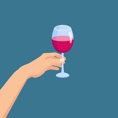 Hand holding a glass of red wine. Template vector illustration isolated cartoon poster style bannerのイラスト素材