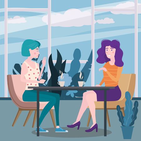 Romantic meeting of two girlfriends in a cafe. Sit drinking coffee in chairs, have fun and relaxation from the meeting and conversation. Friendship and communication, interior flora restaurant background concept. Vector illustration isolated flat style cartoonのイラスト素材