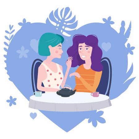 Romantic meeting of two girlfriends in a cafe. Sit drinking tea in chairs, have fun and relaxation from the meeting and conversation. Friendship and communication, love heart flora background concept. Vector illustration isolated flat style cartoonのイラスト素材