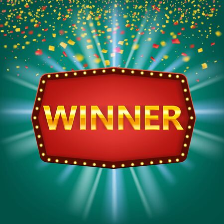 Winner congratulations vintage frame with glowing lamps, golden congratulating framed sign with falling gold confetti ribbons. Frame label banner template. Winners lottery game jackpot prize poker, cards, roulette and lottery. Vector background illustrationのイラスト素材
