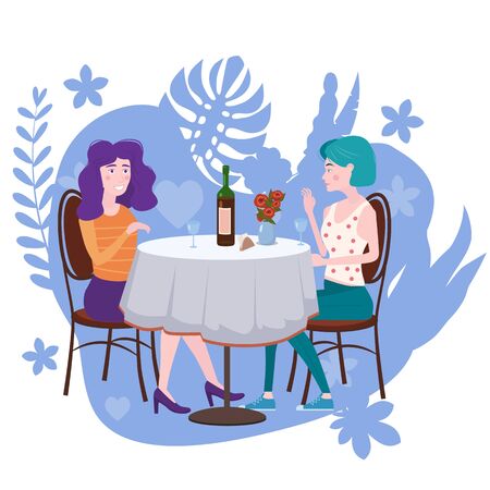Romantic meeting of two girlfriends in a cafe. Sit drinking vine in chairs, have fun and relaxation from the meeting and conversation. Friendship and communication, love flora background concept. Vector illustration isolated flat style cartoonのイラスト素材