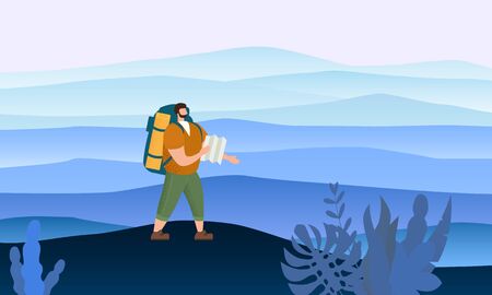 Tourist man with map and backpack performing outdoor touristic activityのイラスト素材