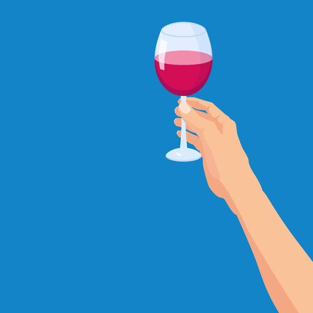 Hand holding a glass of red wine. Template vector illustration isolated cartoon poster style bannerのイラスト素材