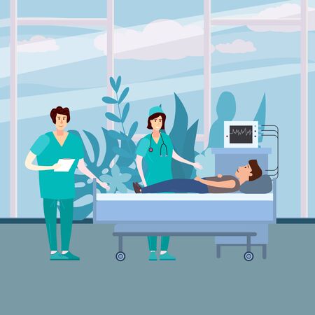 Medical team nurse and doctor consulting patient in a medical bedのイラスト素材