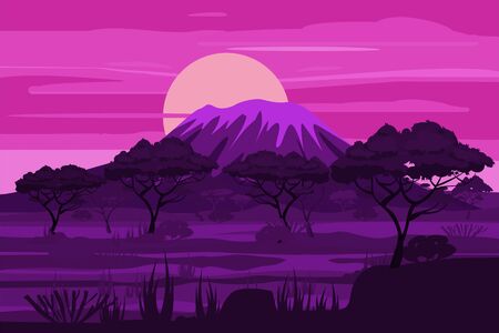 African sunset landscape savannah wild nature, twilight night. Grass, bushes, acacia trees and mountane. The nature of Africa. Reserves and national parks. Vector illustration isolated cartoon styleのイラスト素材