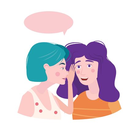Woman whispering gossip, surprised, says rumors to other female character. Gossiping secret woman flat vector illustration.のイラスト素材