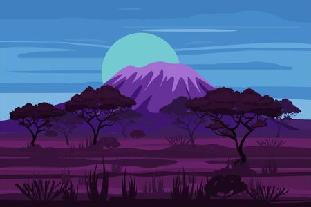 African night landscape savannah wild nature. Grass, bushes, acacia trees and mountaneのイラスト素材