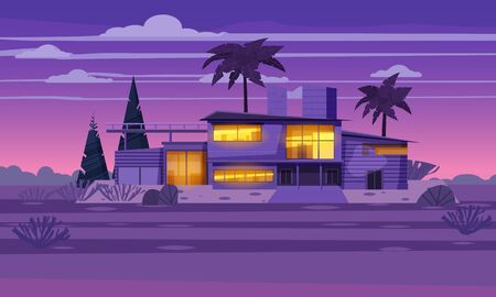 Modern villa on residence in exotic country night, expensive mansion in lahdscape tropicsのイラスト素材