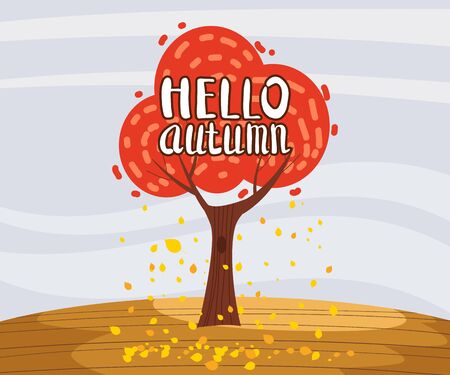 Hello Autumn landscape lonely tree in trend style flat cartoon panorama horizon. Illustration vector isolated banner postcard posterのイラスト素材