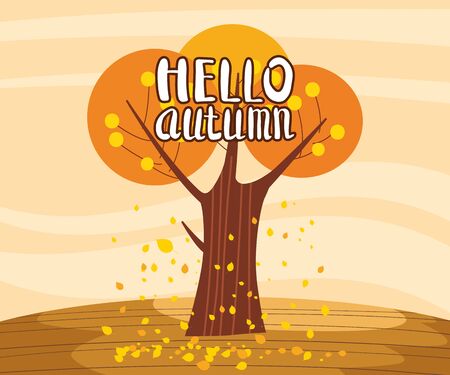 Hello Autumn landscape lonely tree in trend style flat cartoonのイラスト素材