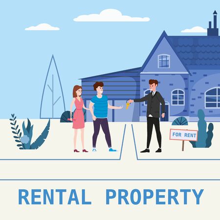 Real estate concept. House rent service. Modern family characters rent new house or big apartment sales manager hands over the keys. Realtor gives keys to family from new home. Broker services. Vector flat Illustrationのイラスト素材