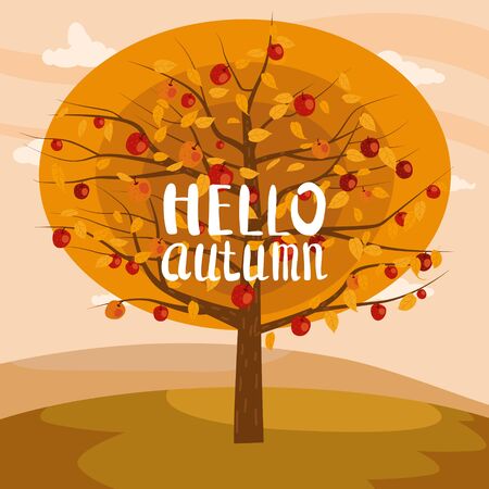 Hello Autumn apple tree landscape fruit harvest season lettering in trend style flat cartoon panorama horizon. Illustration vector isolated banner postcard posterのイラスト素材