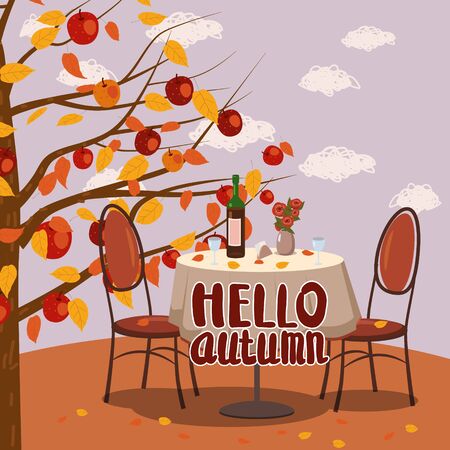 Hello Autumn cafe table with wine for two persons autumn branches of falling leaves foliage, chairs flowers in park romantic mood.のイラスト素材