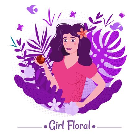 Cute girl beauty with long romantic hair with apple among the leaves and flowers of exotic plants summer in a T-shirt.のイラスト素材