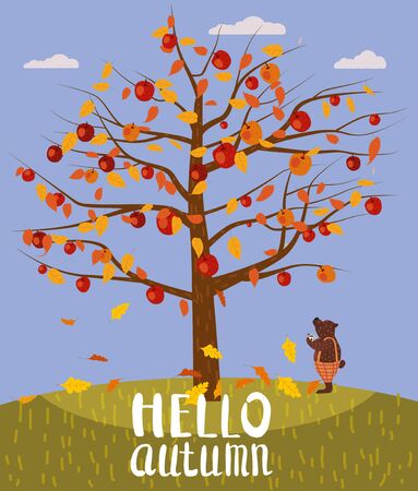 Hello Autumn lettering Apple Tree. Cute Bear covered fallen autumn leaves with cup coffee, autumn landscape fall.のイラスト素材