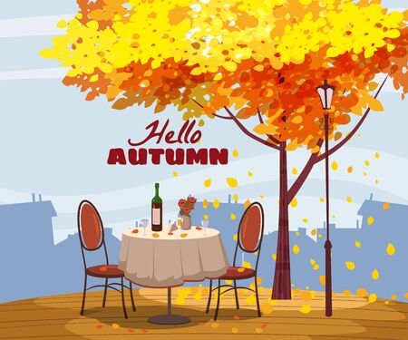 Hello Autumn cafe table with wine for two persons autumn branches of falling leaves foliage, chairs flowers in park romantic mood.のイラスト素材
