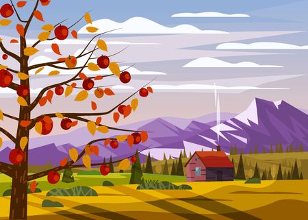 Autumn countryside rural landscape apple tree landscape fruit harvest season forest farm house fall panorama horizon romantic mood.のイラスト素材