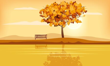 Autumn landscape tree yellow red brown leaves fall sunset mood panorama riverのイラスト素材